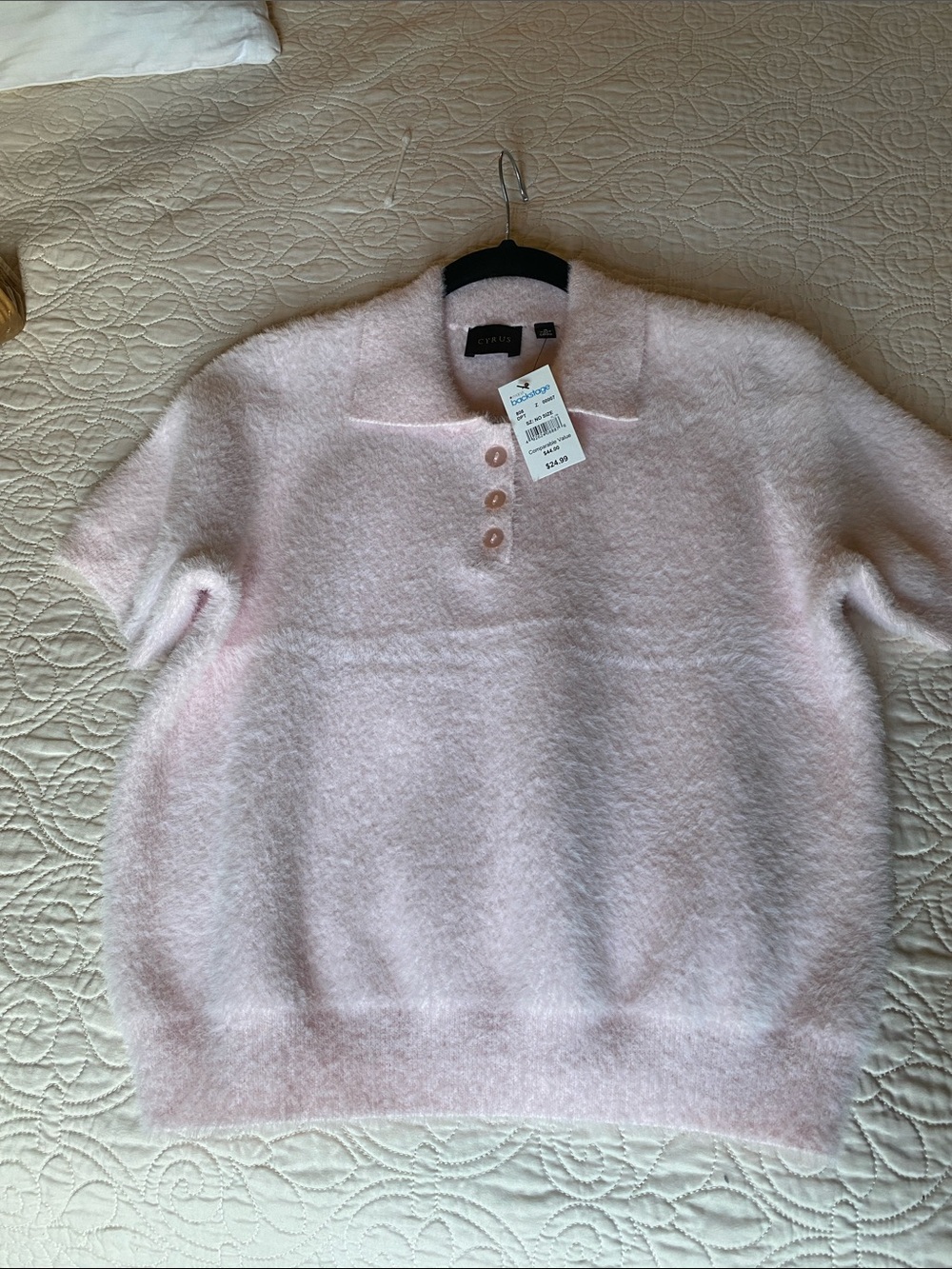 Cyrus Pale Pink Fuzzy Polo Crew Sweater